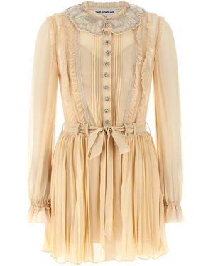 Self-Portrait Self Portrait 'Tan Pleated Georgette Mini' Dress - Natural