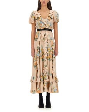 McQueen Floral Print Ruched Silk Dress - Metallic