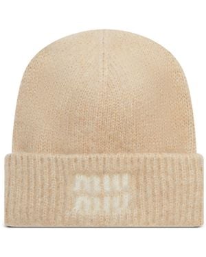 Miu Miu Logo-Detail Beanie Hat - Natural