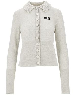 Chloé Guipure Collar Wool Cardigan - White