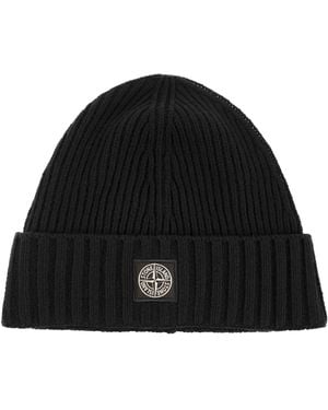 Stone Island Beanie With Compass Logo Appliqué - Black