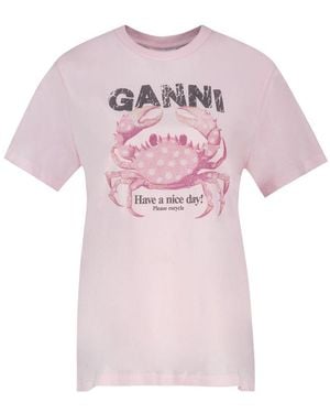 Ganni Jersey T-Shirt With Crab Print - Pink