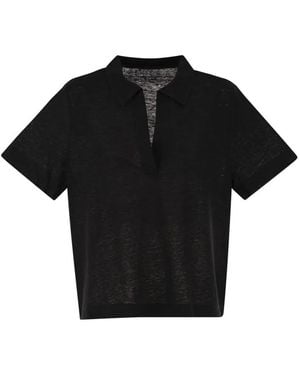 Majestic Cropped Linen Stretch Polo With V-Neck - Black