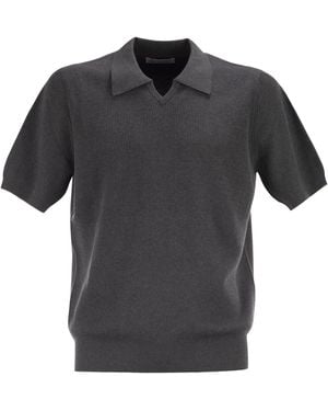 Brunello Cucinelli Cotton Rib Knit Polo Shirt - Black