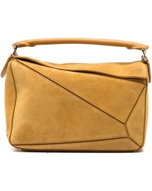 Loewe Small Featherlight Puzzle Suede Handbag - Natural
