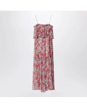 Chloé Long Silk Muslin Dress With Rose Print - Pink