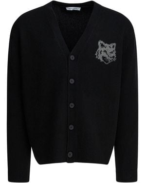 Maison Kitsuné Wool Cardigan With Fox Head - Black