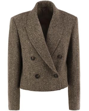 Brunello Cucinelli Double-Breasted Herringbone Blazer With Subtle Shimmer - Green
