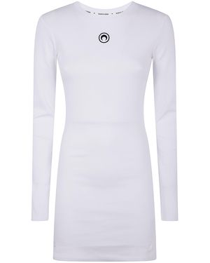 Marine Serre "Moon" Logo Ribbed Jersey Long Sleeves Mini Crewneck Dres - White