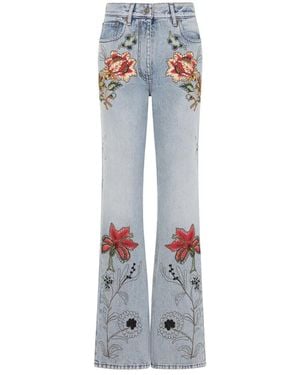 Valentino Light Wash Denim Cotton Embroidered Flowers 5 Pockets Jeans - Blue