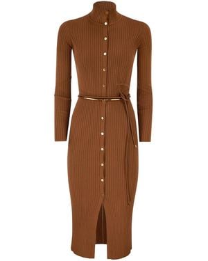 Elisabetta Franchi Openwork Knit Dress With Jeweled Belt - Brown