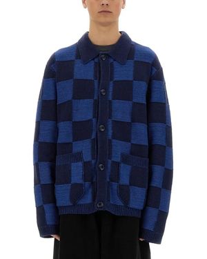 YMC "Baker" Bold Checkerboard Cardigan - Blau
