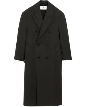 Ami Paris Zweireihiger Langer Mantel Aus Gekochter Wollgabar - Schwarz