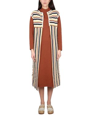 Alysi Open Front Striped Long Vest With Textured Knit - Pink