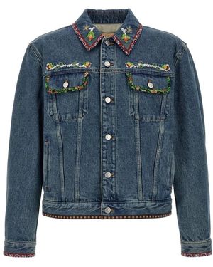 Valentino Garavani Beaded Embroidered Denim Jacket With Floral Piping - Blau