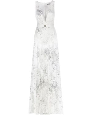 Elisabetta Franchi Ivory Dress With All-Over Tulle - Schwarz