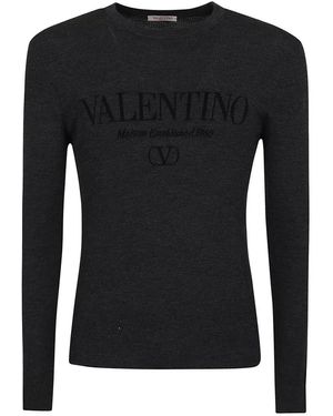 Valentino Pure Wool Crew Neck Sweater With Ribbed Texture - Schwarz