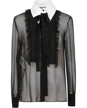 Alberta Ferretti Silk Blouse With Ruffled Front And Classic Collar - Schwarz