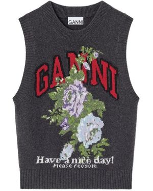Ganni Graphic Wool Mix Flowers Vest - Schwarz