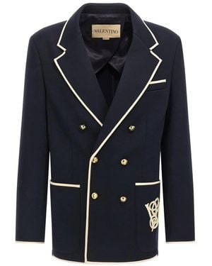 Valentino Garavani Double-Breasted Wool Blazer With Contrast Piping - Blau