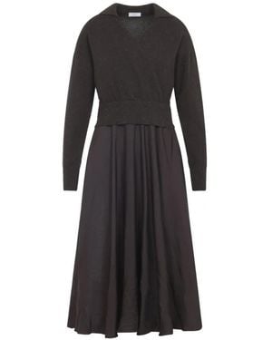 Peserico Ebony Two-Fabric Midi Dress With Pointed Col - Schwarz