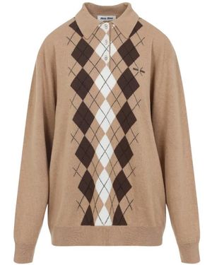 Miu Miu Argyle Pattern Cashmere Sweater With Polo Collar - Braun