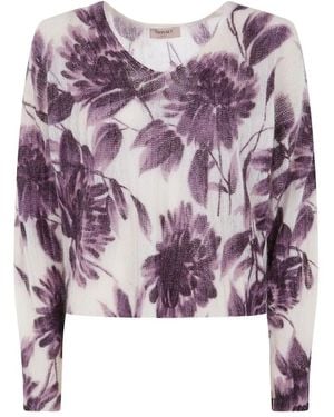 Twinset Cropped Sweater With Floral Pattern And Textured F - Lila