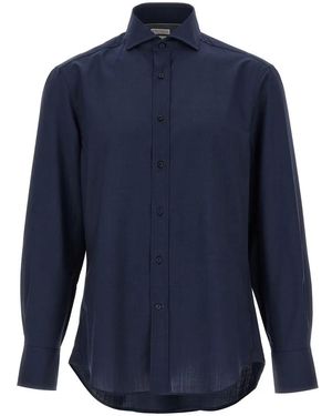 Brunello Cucinelli Slim Fit Virgin Wool Shirt - Blau