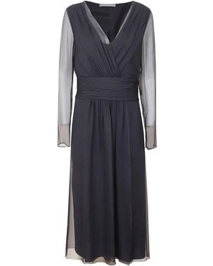 Alberta Ferretti Midi Dress With Deep V-Neckline And Sheer Sleeves - Blau