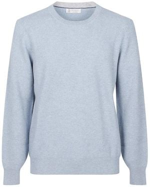 Brunello Cucinelli Ribbed Cashmere Knit Sweater With Classic Crew Nec - Blau