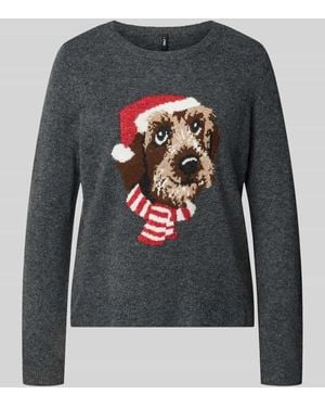 ONLY Pullover mit Hundemotiv Weihnachten - Grau