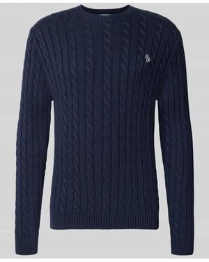 Review Slim Fit Strickpullover aus reiner Baumwolle mit Zopfmuster - Blau