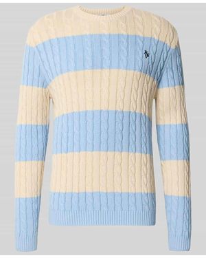 Review Slim Fit Strickpullover aus reiner Baumwolle mit Zopfmuster - Blau