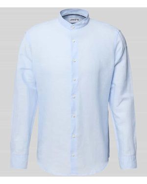 Jake*s Slim Fit Freizeithemd aus Leinen-Baumwoll-Mix - Blau