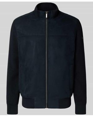 Bugatti Strickjacke mit Velourfront und Stehkragen - Blau