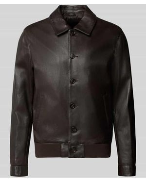 Profuomo Lederjacke mit Knopfleiste und Eingrifftaschen - Schwarz