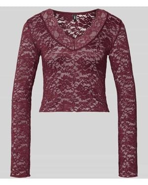 ONLY Slim Fit Langarmshirt in Spitzen-Mesh-Optik Modell 'NIKKA' - Rot