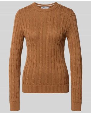 Jake*s Strickpullover mit Zopfmuster und Rundhalsausschnitt - Braun