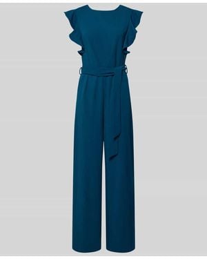 Apricot Jumpsuit mit Rüschen und Bindegürtel - Blau