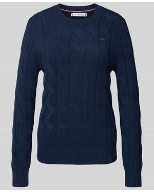 Tommy Hilfiger Regular Fit Strickpullover mit Zopf-Muster aus reiner Wolle - Blau