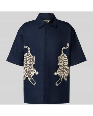 Woodbird Relaxed Fit Leinenhemd mit Motiv-Stitching Modell 'Wang' - Blau