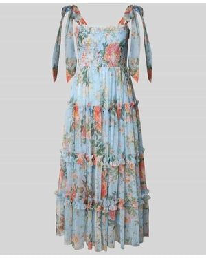 LACE & BEADS Cocktailkleid im Stufen-Look mit Smok-Details - Blau