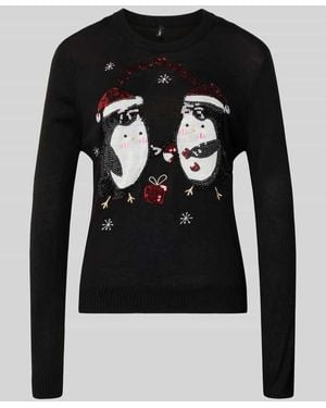 ONLY Regular Fit Weihnachtspullover mit Pailletten-Motiv Modell 'XMAS SHINE' - Schwarz