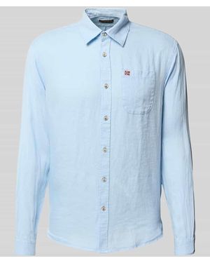 Napapijri Slim Fit Leinenhemd Mit Logo-Stitching - Blau