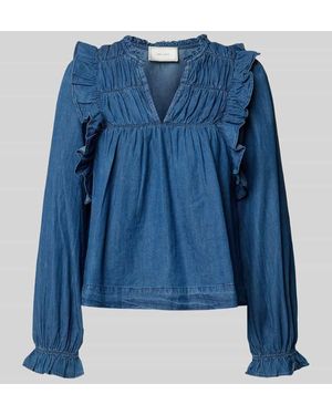 Neo Noir Regular Fit Jeansbluse mit Rüschen Modell 'Janis' - Blau
