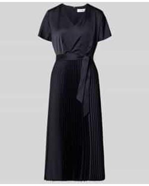 Comma, Midi-Jurk Van Satijn Met V-Hals - Blauw