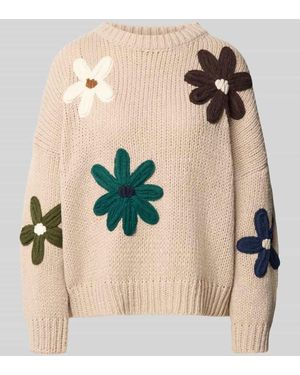 Apricot Relaxed Fit Strickpullover mit Blumen-Stickerei - Natur