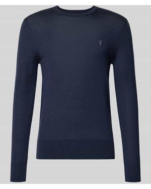 AllSaints Slim Fit Strickpullover aus reiner Wolle mit Label-Stitching - Blau