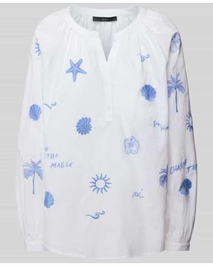 Ouí Relaxed Fit Bluse mit Motiv- und Statement-Stitching - Blau