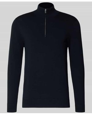Profuomo Slim Fit Strickpullover mit Seiden-Anteil und Reißverschluss - Blau